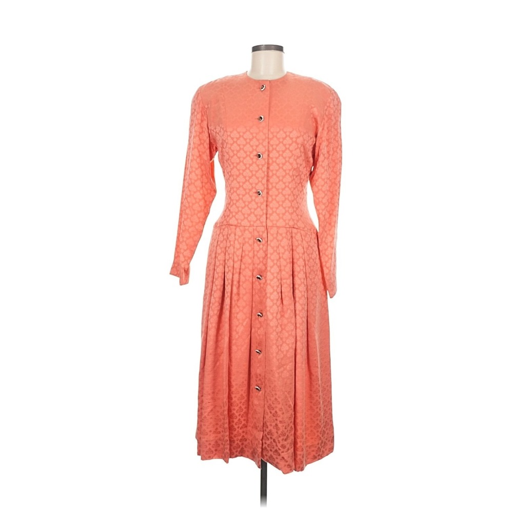 Albert Nipon Vintage 100% Silk Jacquard Midi Dress Coral Orange Size 6 Royal